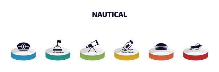 Poster - nautical infographic element with filled icons and 6 step or option. nautical icons such as captain hat, buoy, boat telescope, message in a bottle, sailor hat, speed boat vector.