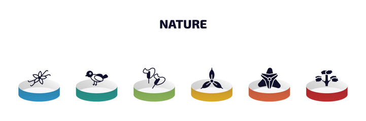 Poster - nature infographic element with filled icons and 6 step or option. nature icons such as vanilla, bird, calla, iris, gladiolus, pitch pine tree vector.