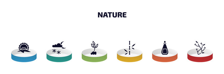 Aufkleber - nature infographic element with filled icons and 6 step or option. nature icons such as japanese, night snow, cultivation, bamboo branches, essence, ikebana flowers vector.