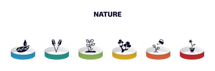 Poster - nature infographic element with filled icons and 6 step or option. nature icons such as leaf and drop, two roses, plants growing, northern red oak tree, watering plant, daisy on pot vector.