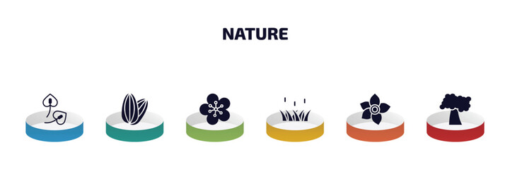 Poster - nature infographic element with filled icons and 6 step or option. nature icons such as anthurium, almond, orchid, reed, narcissus, black cherry tree vector.