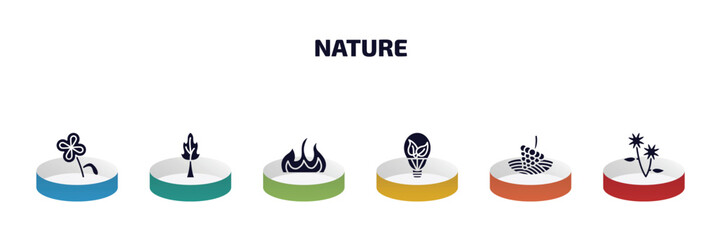Poster - nature infographic element with filled icons and 6 step or option. nature icons such as floral decorations, the maples tree, burn, led bulb, vineyard, pair of flowers vector.