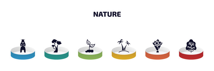 Poster - nature infographic element with filled icons and 6 step or option. nature icons such as polar, american beech tree, grows, palm islands, flower bouquet, white ash tree vector.