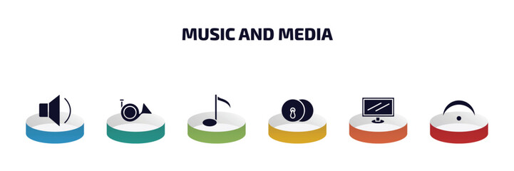 Poster - music and media infographic element with filled icons and 6 step or option. music and media icons such as low volume speaker, french horn, semiquaver, cymbals, television screen off, fermata vector.