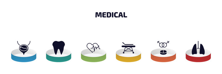 Aufkleber - medical infographic element with filled icons and 6 step or option. medical icons such as bladder, tooth, cardiogram, hospital bed side view, united heterosexual, lungs vector.