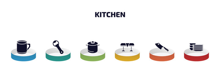 Poster - kitchen infographic element with filled icons and 6 step or option. kitchen icons such as mug, bottle opener, saucepan, tablecloth, cleaver, dishes vector.