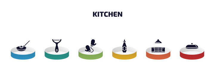 Poster - kitchen infographic element with filled icons and 6 step or option. kitchen icons such as frying pan, peeler, mitten, sauce, kitchen, platter vector.
