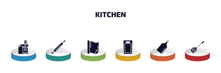 Wall Mural - kitchen infographic element with filled icons and 6 step or option. kitchen icons such as juicer, rolling pin, aluminum foil, kitchen board, cutting board, spatula vector.