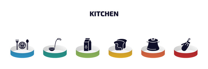 Poster - kitchen infographic element with filled icons and 6 step or option. kitchen icons such as dinner, ladle, milk, molded, cooking pot, kitchen mitten vector.