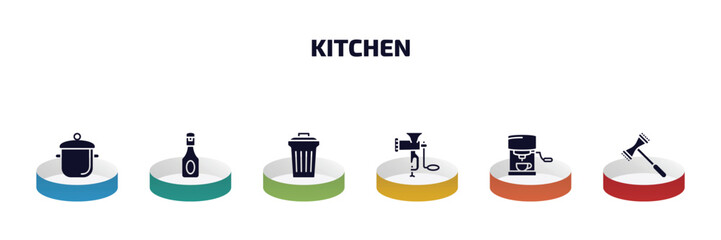 Poster - kitchen infographic element with filled icons and 6 step or option. kitchen icons such as stew pot, ketchup, trash, meat grinder, coffee hine, meat tenderizer vector.