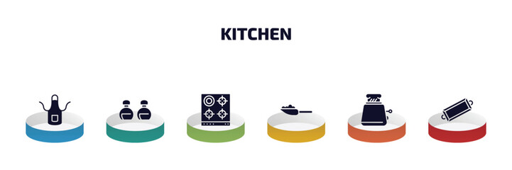 Wall Mural - kitchen infographic element with filled icons and 6 step or option. kitchen icons such as apron, seasoning, stove, scoop, toaster, tray vector.