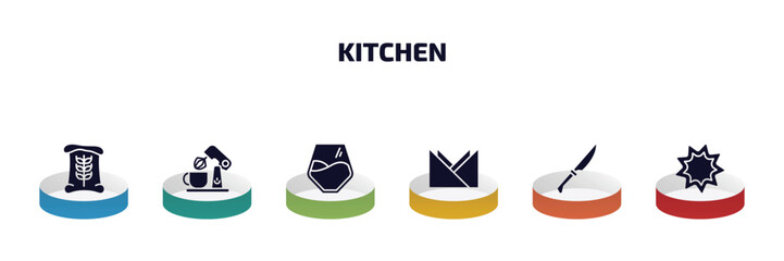 Poster - kitchen infographic element with filled icons and 6 step or option. kitchen icons such as flour, mixer, glass, napkin, knives, cookie cutter vector.