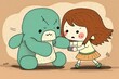Cartoon depiction of two young girls squabbling over a stuffed animal. Infighting amongst the young ones. Generative AI
