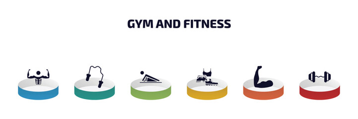Poster - gym and fitness infographic element with filled icons and 6 step or option. gym and fitness icons such as bodybuilder, skip rope, push up, sport wear, muscles, dumbbells bar vector.