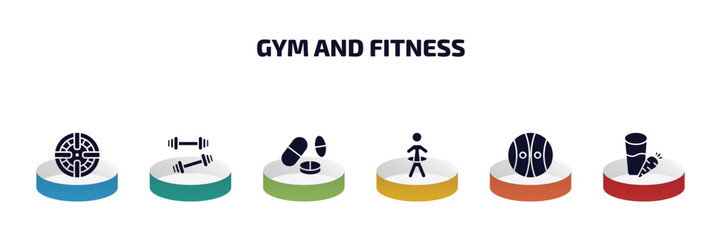 Poster - gym and fitness infographic element with filled icons and 6 step or option. gym and fitness icons such as iron shoot, little dumbbell, pill tablet, stick man hoop, power ball, vegetables juice