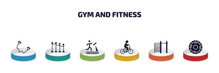 Poster - gym and fitness infographic element with filled icons and 6 step or option. gym and fitness icons such as exercise bands, horizontal bar, running treadmill, riding bicycle, tightening bar, weight