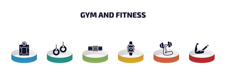 Poster - gym and fitness infographic element with filled icons and 6 step or option. gym and fitness icons such as weighing scale, gymnastic rings, athletic strap, sport watch, fitness, steroids vector.