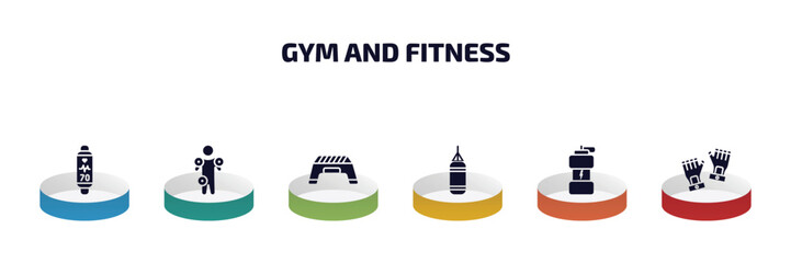 Poster - gym and fitness infographic element with filled icons and 6 step or option. gym and fitness icons such as fitness tracker, anatomy, step, boxing bag, isotonic, gloves vector.