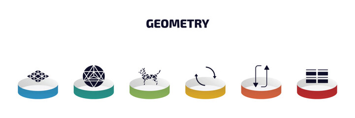 Poster - geometry infographic element with filled icons and 6 step or option. geometry icons such as polygonal rhomb, metatron cube, polygonal dog, reverse, flip, array vector.