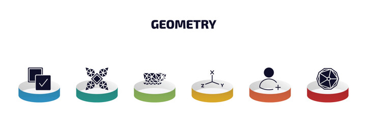 Poster - geometry infographic element with filled icons and 6 step or option. geometry icons such as select all, polygonal windmill, polygonal coffee cup, coordinates, join, ennegon vector.