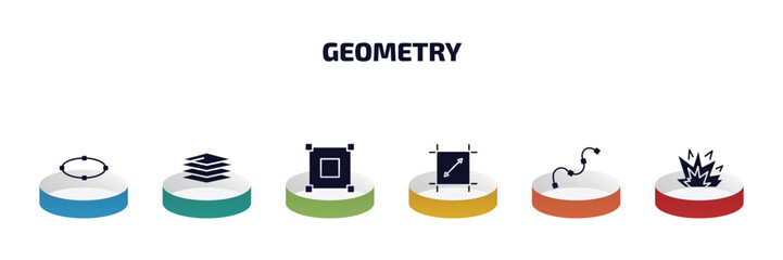 Poster - geometry infographic element with filled icons and 6 step or option. geometry icons such as ellipse, layer, bounding box, dimensions, spline, explode vector.
