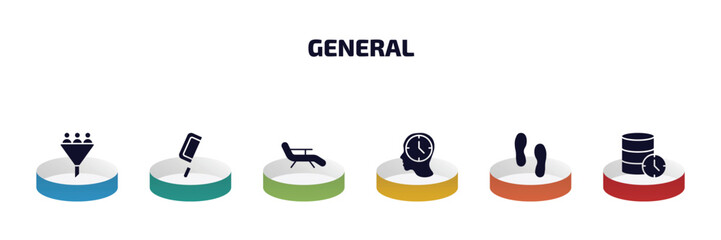Poster - general infographic element with filled icons and 6 step or option. general icons such as lead conversion, fretsaw, deckchair, patience, steps, real time data vector.