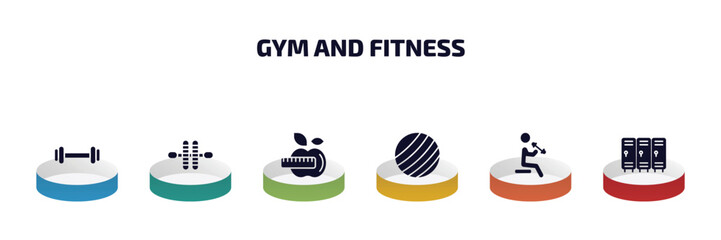 Poster - gym and fitness infographic element with filled icons and 6 step or option. gym and fitness icons such as exercising dumbbell, gymnastic roller, fitness nutrition, gymnastic ball, dumbbells