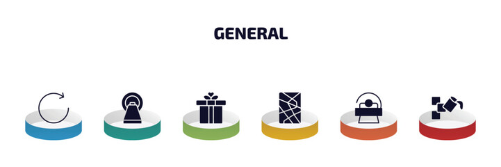 Poster - general infographic element with filled icons and 6 step or option. general icons such as clockwise, mri scanner, birthday present, fragments, solarium, live paint vector.