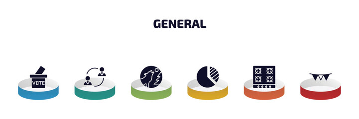 Poster - general infographic element with filled icons and 6 step or option. general icons such as referendum, on coaching, wolf howling, market share, hob, party decoration vector.