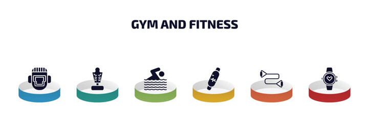 Poster - gym and fitness infographic element with filled icons and 6 step or option. gym and fitness icons such as headgear, boxing mannequin, man swimming, fitness bracelet, resistance band, training watch
