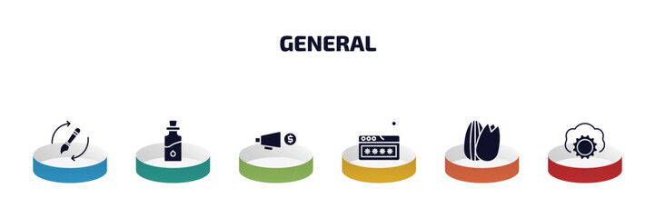 Poster - general infographic element with filled icons and 6 step or option. general icons such as brush history, massage oil, marketing budget, password phishing, nuts, saas vector.