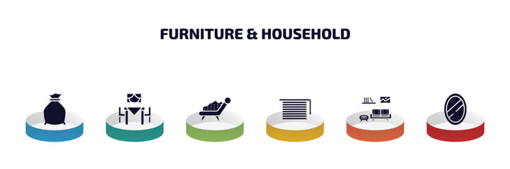 Poster - furniture & household infographic element with filled icons and 6 step or option. furniture & household icons such as garbage bags, dining room, fainting couch, window coverings, livingroom, mirror