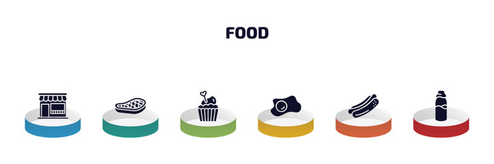 Poster - food infographic element with filled icons and 6 step or option. food icons such as fast food restaurant, foods, romantic muffin, two eggs, hot dog with mustard, milky vector.