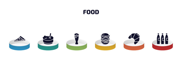 Poster - food infographic element with filled icons and 6 step or option. food icons such as italian, rice bowl, pint, hamburger with bacoon, french, recycling bottles vector.