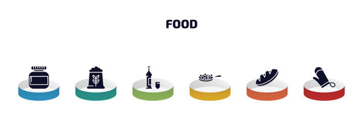Poster - food infographic element with filled icons and 6 step or option. food icons such as protein container, fodder, alcoholic, buddhas delight, loaf of bread, cooking mitts vector.