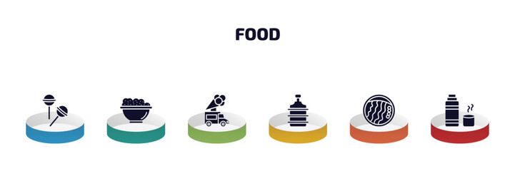 Poster - food infographic element with filled icons and 6 step or option. food icons such as lollypop, risotto, ice cream truck, water container, wonton noodles, thermo flask vector.