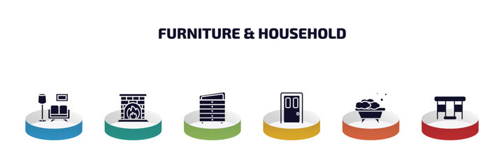 Poster - furniture & household infographic element with filled icons and 6 step or option. furniture & household icons such as living room, fireplace, davenport, door, bath, gateleg table vector.