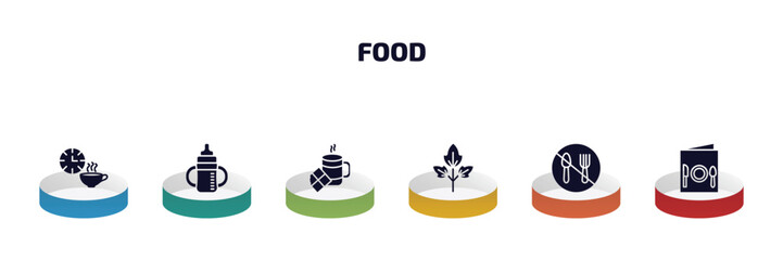 Poster - food infographic element with filled icons and 6 step or option. food icons such as tea time, sippy cup, hot chote, raspberry leaf, no eating, restaurant menu vector.