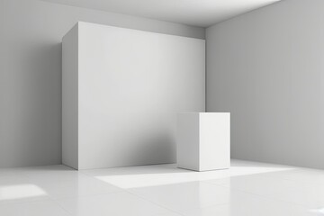 Wall Mural - Empty white corner wall, white product background, pedestal podium studio scene backdrop, basic modern design. Generative AI