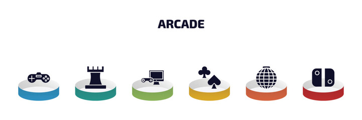Poster - arcade infographic element with filled icons and 6 step or option. arcade icons such as video game, 