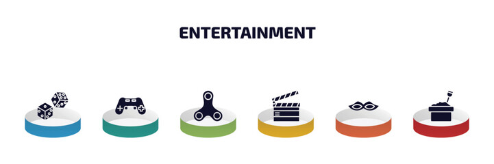 Poster - entertainment infographic element with filled icons and 6 step or option. entertainment icons such as dices, gamepad, spinner, clapboard, masquerade, sandbox vector.