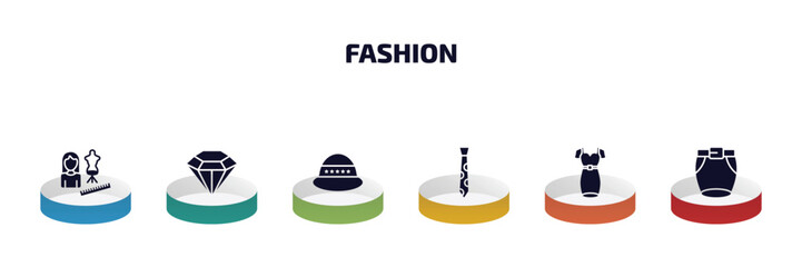 Poster - fashion infographic element with filled icons and 6 step or option. fashion icons such as tailor, jewel, general helmet, stripped tie, dress with belt, short skirt vector.