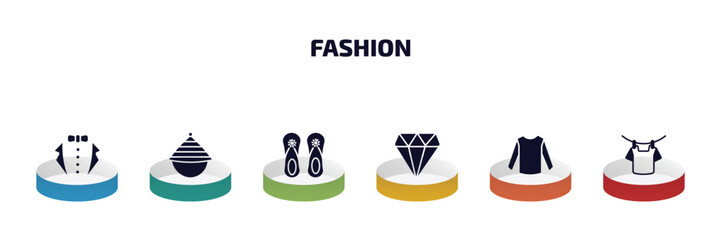 Poster - fashion infographic element with filled icons and 6 step or option. fashion icons such as tux, samurai japanese hat, pair sandals, diamond, long sleeves, drying vector.