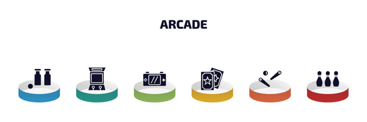 Wall Mural - arcade infographic element with filled icons and 6 step or option. arcade icons such as bottles ball, arcade hine, handheld game, magic cards, pinball, bowling pins vector.