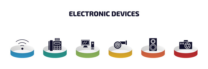 Poster - electronic devices infographic element with filled icons and 6 step or option. electronic devices icons such as wireless internet, fax hine, desktop computer, turbine, stereo, photo camera vector.