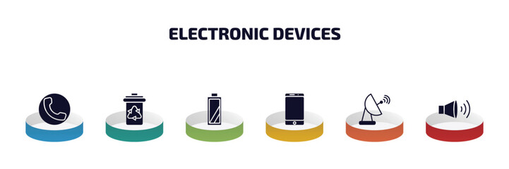 electronic devices infographic element with filled icons and 6 step or option. electronic devices icons such as telephone, trash compactor, battery, phones, satellite dish, speakers vector.