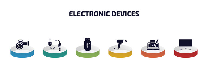 Poster - electronic devices infographic element with filled icons and 6 step or option. electronic devices icons such as leaf blower, sound cable, usb, barcode scanner, electronic, smart tv vector.