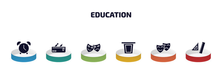 Poster - education infographic element with filled icons and 6 step or option. education icons such as alarm clock, pencil case, shakespeare, lectern, drama, rulers vector.