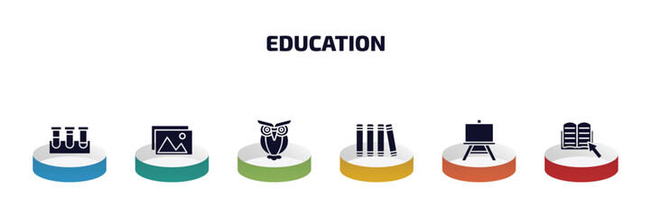 Poster - education infographic element with filled icons and 6 step or option. education icons such as test tubes, pictures, owl, library, easel, ebook vector.