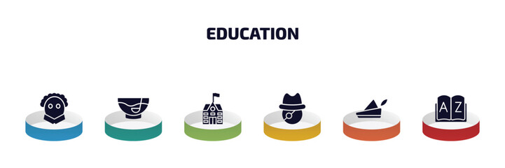 Poster - education infographic element with filled icons and 6 step or option. education icons such as othello, punch bowl, school, long john silver, robin hood, dictionary vector.